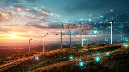 wind farm grassy hill turbines overlay abstract digital  lines data electricity generation energy technological analysis futuristic future technology nature innovation sustainable sustainability renew