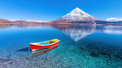 serene boat floats on clear water, reflecting majestic mountain.
