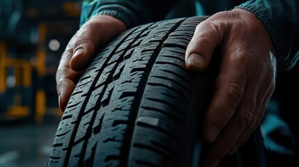 Precision Craftsmanship: Mechanic Hands Holding New Car Tire in Auto Shop
