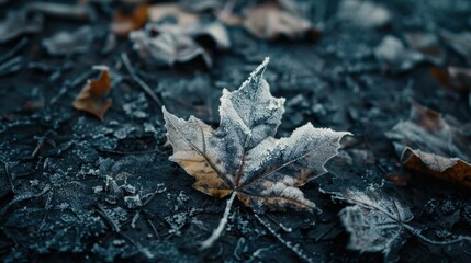 Frosted Leaf on Dark Ground in Winter Scene