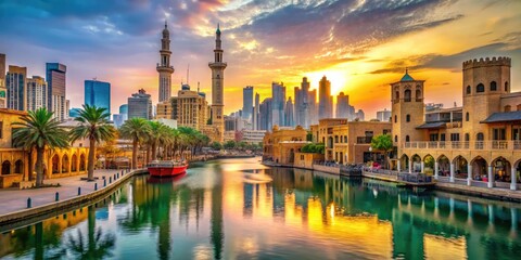 Fototapeta premium Vibrant Elements of Dubai Culture Showcasing Traditional Architecture, Art, and Heritage Landscape