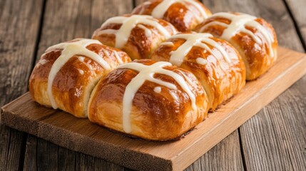 Delicious hot cross buns, just out of the oven, displayed on a weathered wooden board with a tempting glaze and cross decoration