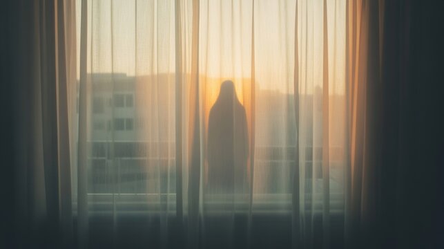 A mysterious silhouette stands behind a translucent curtain as the golden light of sunset filters through, enhancing the eerie vibe - Powered by Adobe