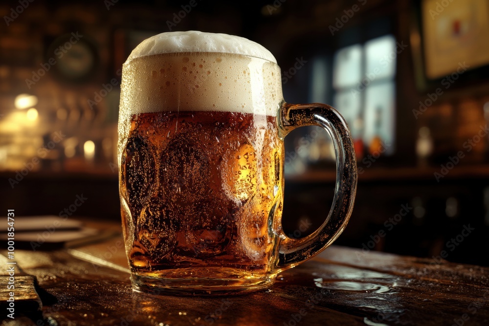 Aufkleber A frothy beer mug overflowing with foam on a rustic wooden table in a warm, inviting pub setting. Generative AI