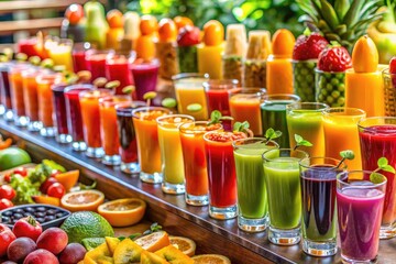 Vibrant Fruit Juices Display at a Healthy Breakfast Buffet with Fresh Ingredients and Colorful Varieties