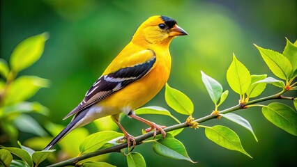 Obraz premium Vibrant Golden Finch Perched Gracefully on Branch Amidst Lush Green Foliage in Natural Habitat