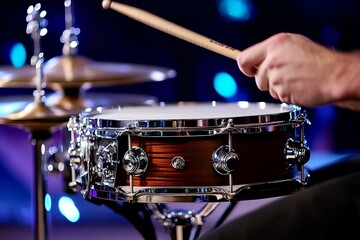 Naklejka premium Close-up of a snare drum being played, with drumsticks in mid-motion, and the vibration of the drumhead captured in a still frame