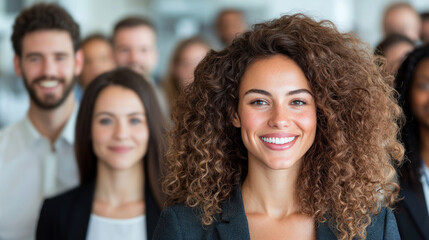 Obraz premium confident woman with curly hair smiles in diverse group setting.