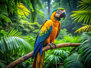 Obraz premium Vibrant Gold Macaw Perched on Branch Against Lush Green Background in Tropical Rainforest Setting
