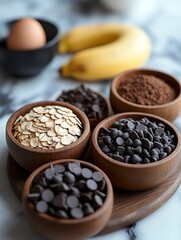 Obraz premium A wooden bowl filled with chocolate chips sits on a marble countertop