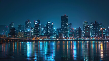 Fototapeta premium Night City Skyline with Reflections in Water