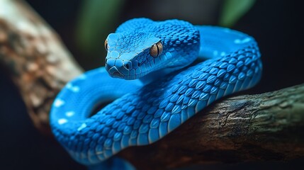 Enchanting vibrant blue snake coiled on branch surrounded by greenery image