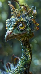 Obraz premium Fantasy Creature Portrait: Green Bird with Feathers