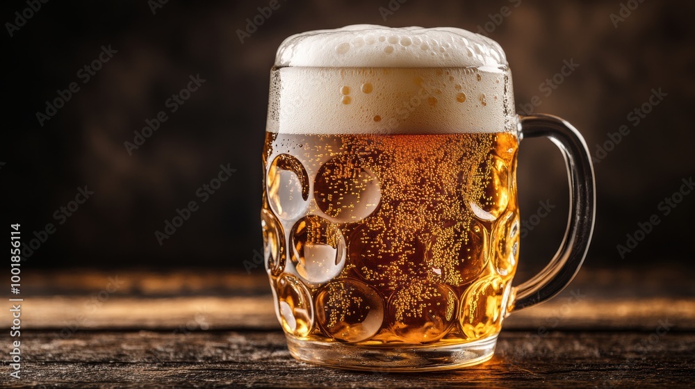 Aufkleber A close-up view of a frothy beer mug overflowing with foam on a rustic wooden table, perfect for relaxing evenings. Generative AI
