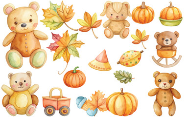 hand-drawn watercolor fall autumn baby toys vector illustration clipart