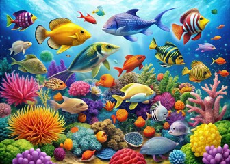 Vibrant Ocean Creatures Isolated on White Background Showcasing Nature's Underwater Diversity