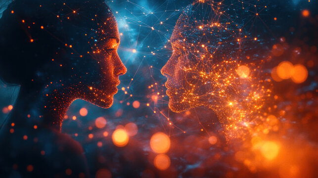 Two silhouettes of women with glowing connections and lights, symbolizing unity and connection.