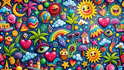 Fototapeta premium Vibrant Pop Culture Wallpaper Featuring Colorful Patterns and Iconic Symbols for Modern Aesthetics