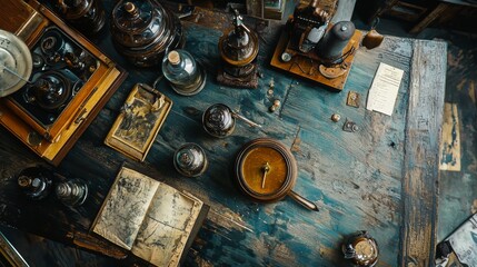 Vintage workspace with antique tools and notebooks on a rustic desk