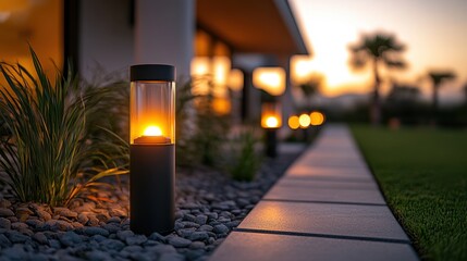 A well-lit front yard with motion sensor lights during nighttime 