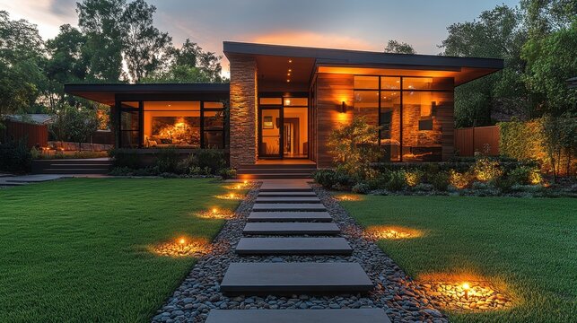 A well-lit front yard with motion sensor lights during nighttime 