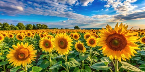 Obraz premium Vibrant Sunflower Field Under Bright Blue Sky Perfect for Backgrounds and Nature Inspired Designs