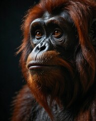 Fototapeta premium professional photo of orange fur orang utan close up a quarter side view in a dark room black background