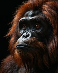 professional photo of orang utan close up a quarter side view in a dark room black background