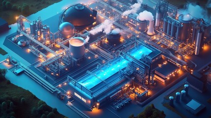 Fototapeta premium Futuristic Hydrogen Power Plant in Industrial Zone with Flowing Blue Energy - Clean Energy Transition Concept