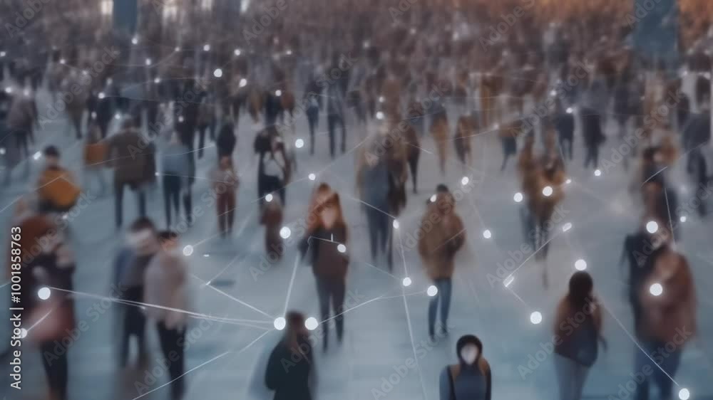 Poster Facial recognition system is detecting individuals in a crowd with personal information linked to database, concept for surveillance, big brother, privacy and security