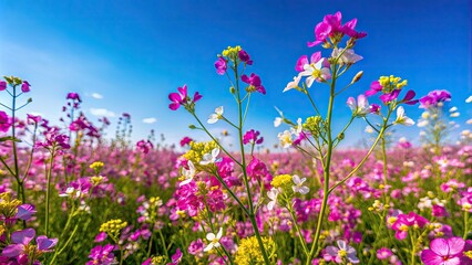 Fototapeta premium Vibrant Wild Radish Flowers in Bloom Against a Clear Blue Sky in a Natural Landscape Setting