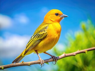 Fototapeta premium Vibrant Yellow Bird Sitting on a Branch Against a Soft Blue Sky in a Peaceful Natural Setting