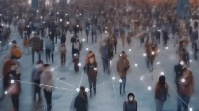 Facial recognition system is detecting individuals in a crowd with personal information linked to database, concept for surveillance, big brother, privacy and security