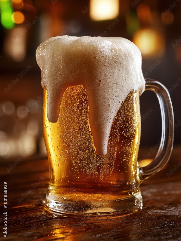 Poster A close-up view of a frothy beer mug with foam overflowing on a rustic wooden table in a cozy setting. Generative AI