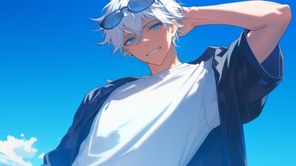 Fototapeta premium Handsome Anime Boy with White Hair and Blue Eyes, Smiling and Holding Sunglasses in a Cool Pose Against a Colorful Outdoor Background