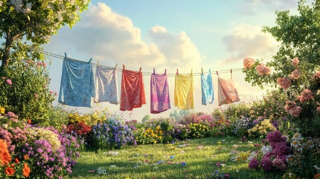 Serene Laundry Day Bliss - Freshly Washed Clothes Hanging on Line Amidst Blooming Garden