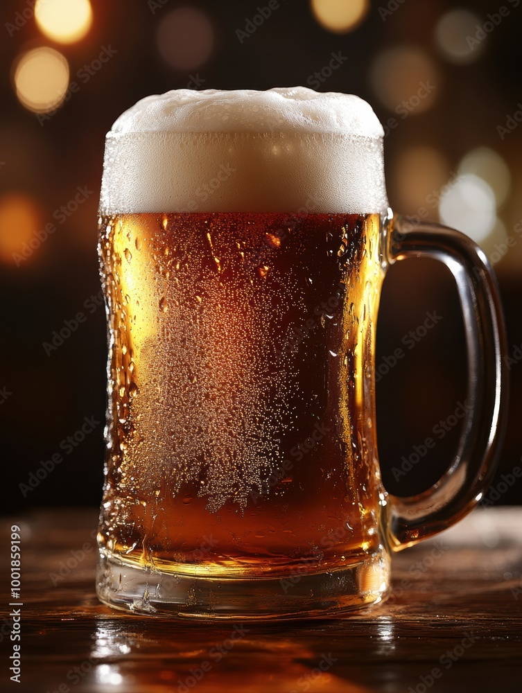 Poster A frothy beer mug overflowing with foam sits on a rustic wooden table in a cozy tavern filled with warm, ambient light. Generative AI