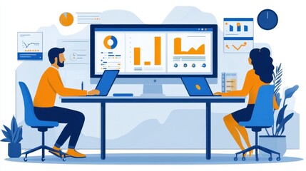 Obraz premium Business team working together in a modern office environment with charts and graphs 