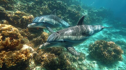 Fototapeta premium Graceful Dolphins Swimming in Vibrant Coral Reef