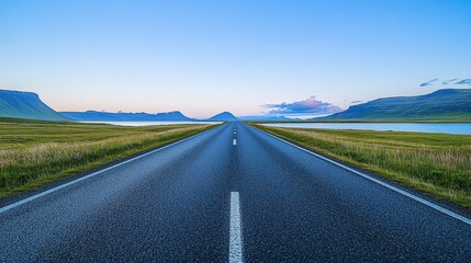 Naklejka premium Serene Icelandic Landscape: Empty Road by Breathtaking Lake with Vibrant Colors and Ultra-Realistic Details