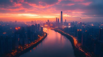 Fototapeta premium Illuminated Cityscape Aerial View of a Glowing Modern Metropolis at Dusk