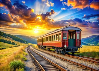 Fototapeta premium Vintage Train Carriage on Railway Tracks Surrounded by Scenic Landscape and Blue Sky Background