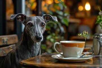 Italian Greyhound dog sitting elegantly next to a coffee table