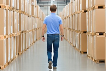 Man Walking Through Warehouse Storage Area With Cardboard Boxes