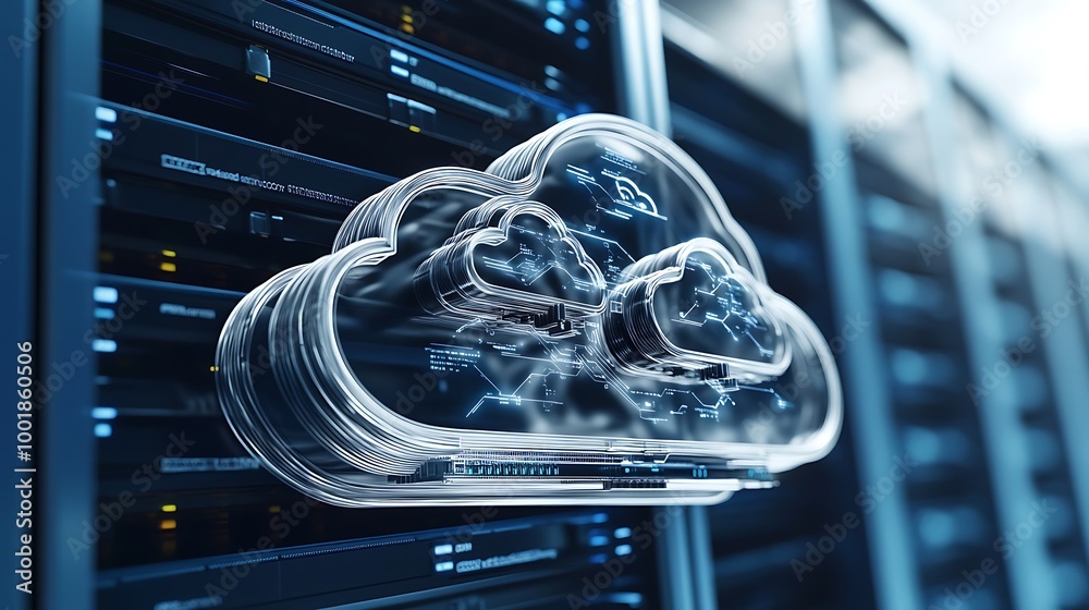 Poster a glass cloud icon floats in front of a server rack.