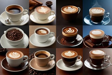 Obraz premium Assorted Espresso Cups Montage: Innovative Composition of Macchiato, Cocoa, and Flavor