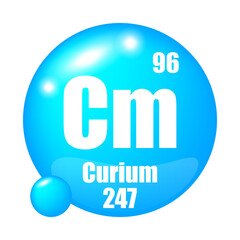 Curium icon. Cm chemical element. Atomic number 96. Mass 247. Blue sphere symbol.