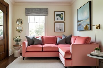 Cozy Reading Nook Design with a Coral Velvet Sofa and Grey Accent Pillows Against an Ivory Wall