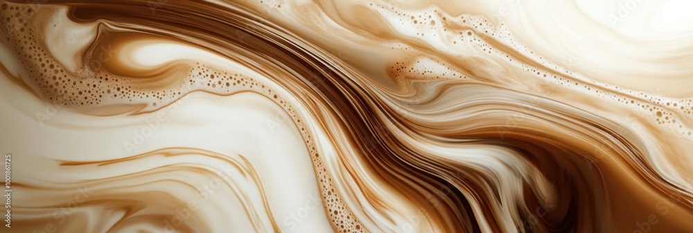 Poster swirling coffee blends seamlessly with milk creating a mesmerizing dance of colors in a vibrant abst