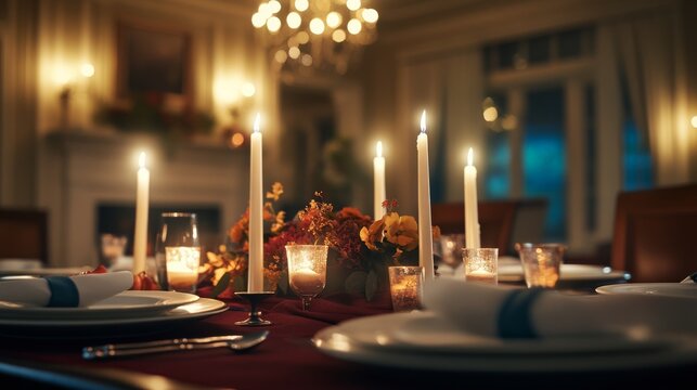 An elegantly set dinner table is adorned with candles and floral arrangements, creating a warm and inviting atmosphere for a special autumn celebration in a country estate